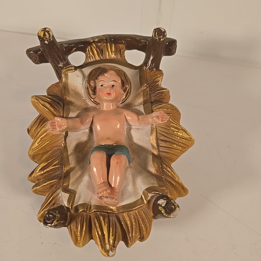 Vintage‎ Japan Paper Mache Chalkware Baby Jesus Figurine Nativity Manger 12in